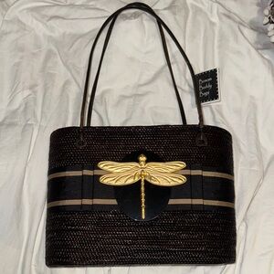 Bali Lisi Lerch Bosom Buddy Dragonfly Straw Handbag NWT & protective cover bag